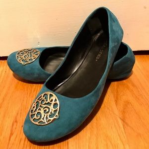 Suede Turquoise Flats with Gold Attaché